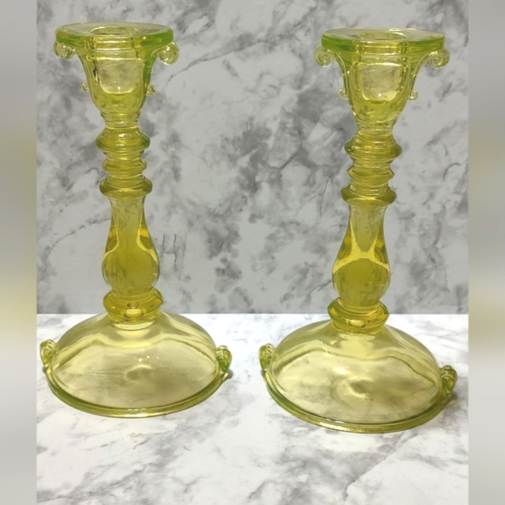 Imperial Vaseline Glass double scroll candlesticks